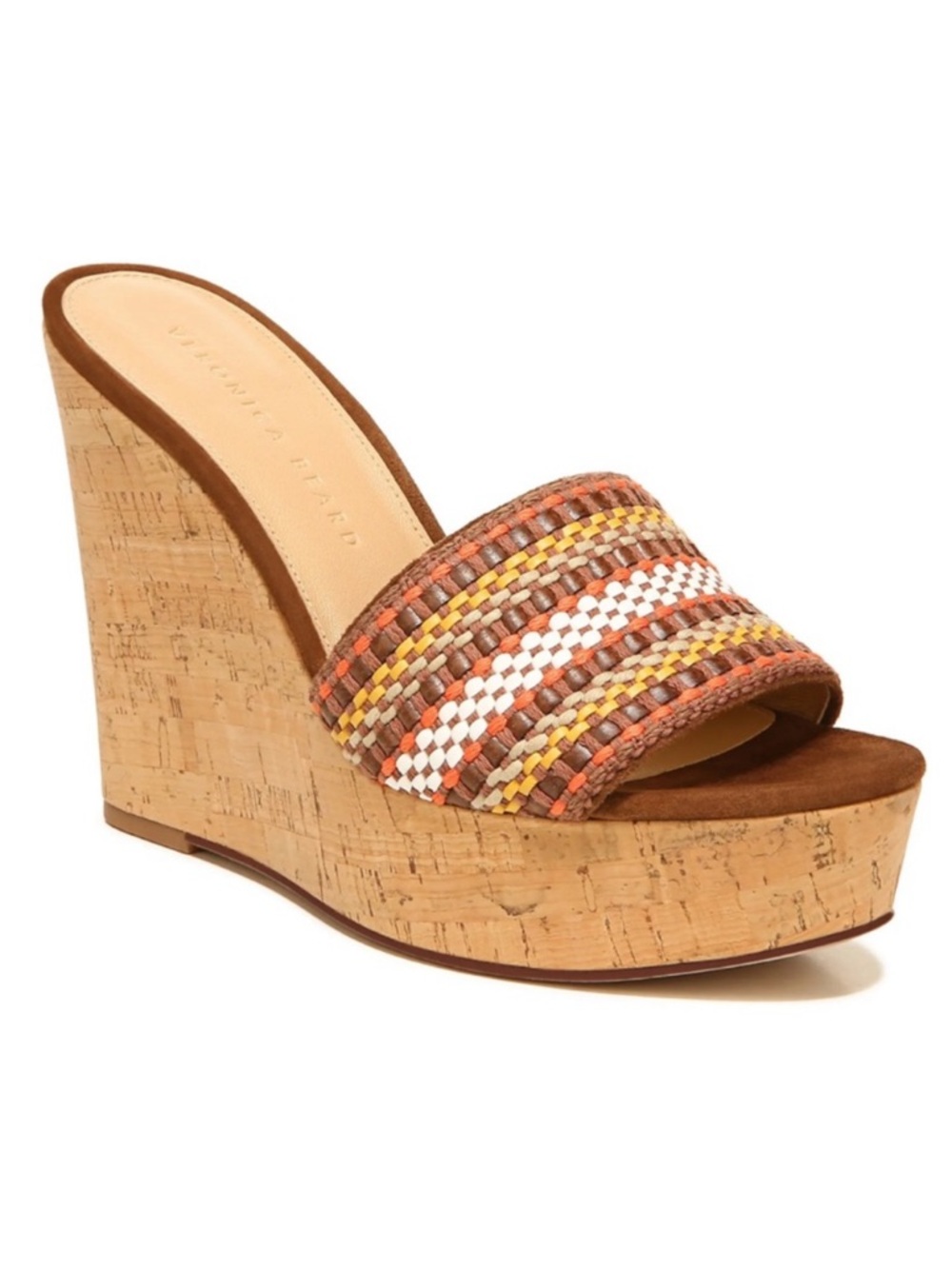Veronica Beard Dali Multi Woven Raffia Cork Wedge Slide Sandals Brown Tan 9 NIB